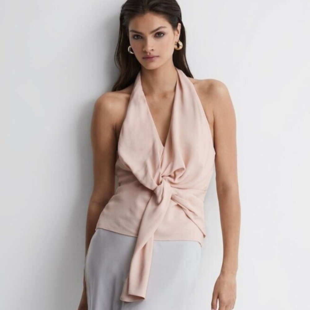 Reiss Freda Tie Halter Neck Blouse in Blush Nude Size Small 6 - Picture 4 of 16